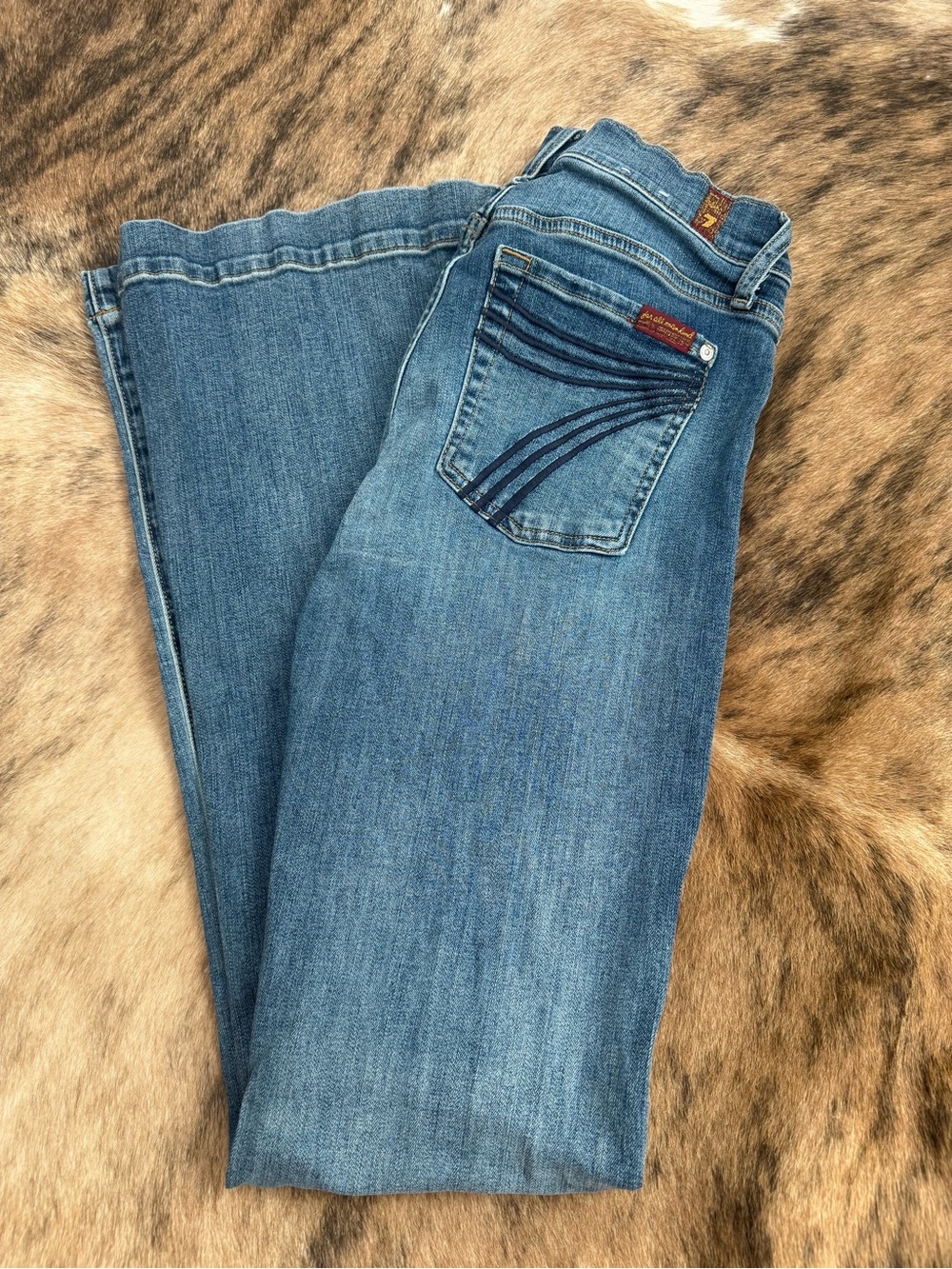 7 For All Mankind Light Blue Flare Jeans with Decorative Back Stitching